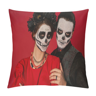 Personality  Stylish Couple In Scary Sugar Skull Makeup Looking At Camera On Red, Dia De Los Muertos Festival Pillow Covers