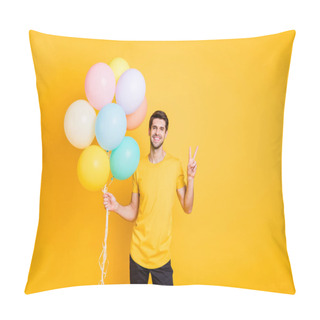 Personality  Portrait Of His He Nice Attractive Lovely Cheerful Cheery Glad Guy Holding In Hands Air Balls Showing V-sign Isolated Over Bright Vivid Shine Vibrant Yellow Color Background Pillow Covers