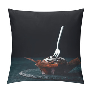 Personality  Sweet Chocolate Muffin With Silver Fork On Dark Background Pillow Covers