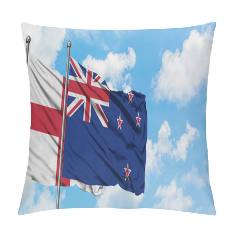 Personality  England And New Zealand Flag Waving In The Wind Against White Cloudy Blue Sky Together. Diplomacy Concept, International Relations. Pillow Covers