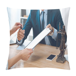 Personality  Cropped Shot Of Lawyer Giving Clipboard And Pen To Young Woman In Office Pillow Covers