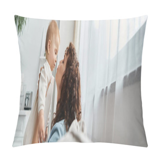 Personality  Side View Of Caring Mother Holding Cute Toddle Daughter On Cozy Couch In Living Room, Banner Pillow Covers
