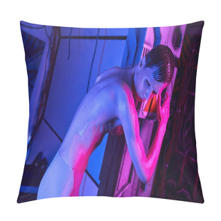 Personality  Unknown Space Visitor, Cosmic Traveler, Unearthly Alien In Neon-lit Innovation Hub Pillow Covers