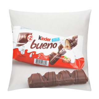 Personality  AYTOS, BULGARIA - JUNE 13, 2016: Kinder Bueno Chocolate Candy Bar. Kinder Bueno Is A Chocolate Bar Made By Italian Confectionery Maker Ferrero. Pillow Covers