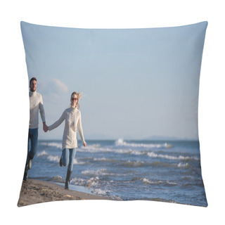 Personality  Young Couple Having Fun Walking And Hugging On Beach During Autumn Sunny Day Pillow Covers