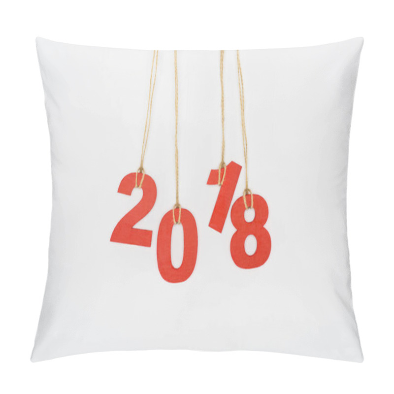 Personality  close up view of 2018 year sign hanging on strings isolated on white pillow covers