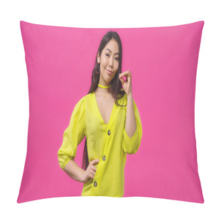 Personality  Pretty Asian Woman Showing Blah Blah Gesture Isolated On Pink  Pillow Covers