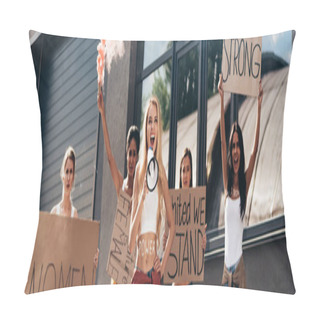 Personality  Panoramic Shot Of Five Screaming Multiethnic Feminists Holding Smoke Bomb, Loudspeaker And Placards With Feminist Slogans Pillow Covers