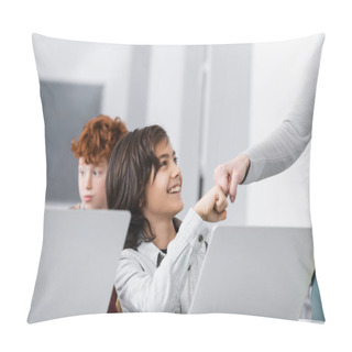 Personality  Cheerful Schoolboy Doing Fist Bump With Teacher Near Laptop And Classmates On Blurred Background Pillow Covers