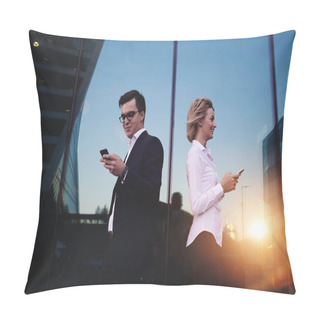 Personality  Two Businesspeople Using Mobile Phones Pillow Covers