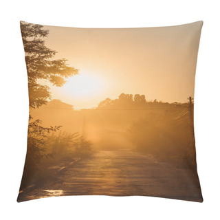 Personality  Beautiful Orange Sunrise Above Trees And Road Pillow Covers