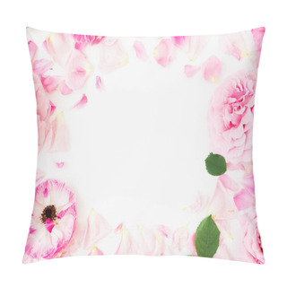 Personality  Floral Frame With Roses Flowers And Anemones On White Background. Flat Lay, Top View. Pastel Flowers Pillow Covers