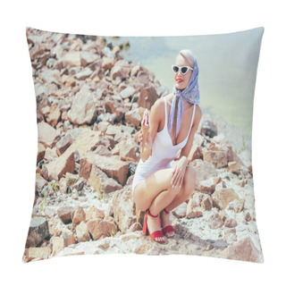 Personality  Fashionable Woman In Vintage Swimsuit Holding Ice Cream And Posing On Rocky Beach Pillow Covers