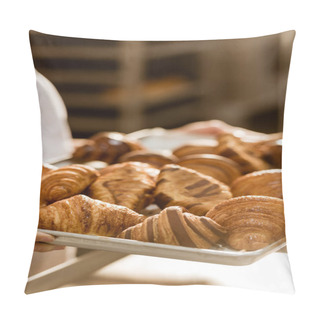 Personality  Cropped Shot Of Female Baker Holding Tray With Croissants On Baking Manufacture Pillow Covers