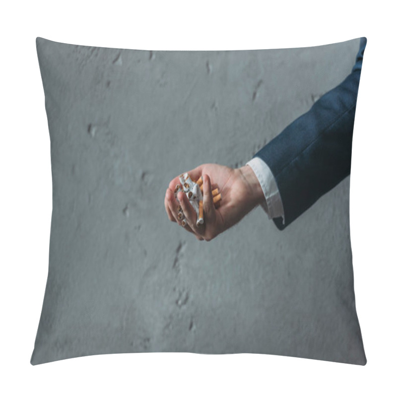Personality  Cropped Shot Of Man Holding Broken Cigarettes In Hand Pillow Covers