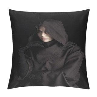 Personality  Pensive Woman In Death Costume Looking At Camera Isolated On Black Pillow Covers