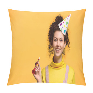 Personality  Joyful Woman Smiling At Camera While Holding Party Horn Isolated On Orange Pillow Covers