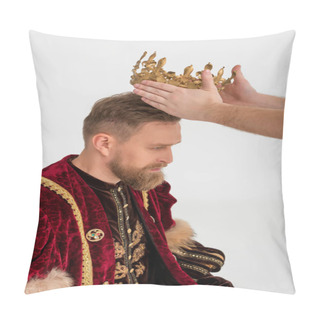 Personality  Cropped View Of Man Putting Crown On King On Grey Background  Pillow Covers