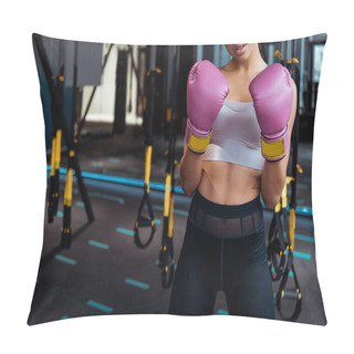 Personality  Partial View Of  Female Boxer In Pink Boxing  Gloves Practicing Boxing In Gym  Pillow Covers