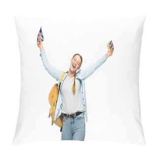 Personality  Happy Student With Backpack Holding Book And British Flag Isolated On White Pillow Covers