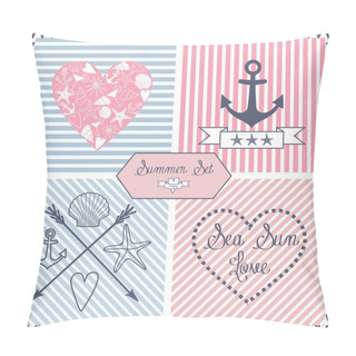 Personality  Set Of Sea Themed Objects: Anchor, Hearts, Shells, Sea Star, Stripes And Ribbon. Pillow Covers