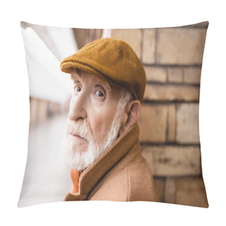 Personality  Aged Man In Autumn Cap Looking At Camera On Metro Platform Pillow Covers