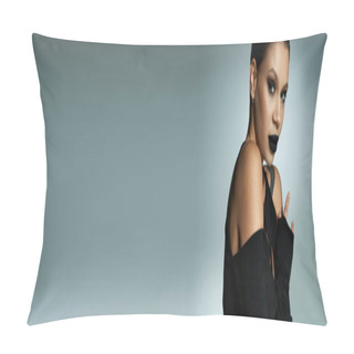 Personality  Stylish Mysterious Woman With Dark Spooky Makeup Posing In Black Halloween Dress On Grey, Banner Pillow Covers