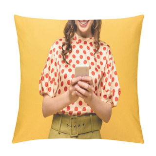 Personality  Cropped View Of Young Woman Smiling While Chatting On Smartphone Isolated On Yellow Pillow Covers