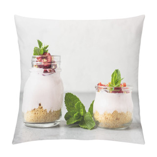 Personality  No Baked Cheesecake With Cherry In Glass Jars, Fresh Cherries And Mint On A Grey Stone Background. Healthy Dessert. Copy Space. Pillow Covers