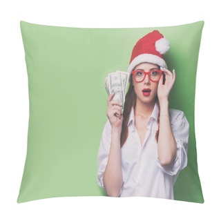 Personality  Woman In Christmas Hat With Money  Pillow Covers