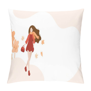 Personality  Girl Walking In The Autumn Park Banner. Abstract Woman With Scarf And In Warm Clothes. The Concept Of Walking In The Park, Meditation And Pleasure. Handmade Drawing Vector Illustration Pillow Covers