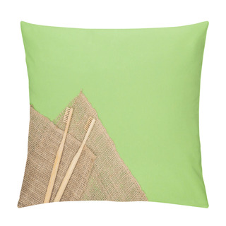Personality  Bamboo Toothbrushes And Brown Sackcloth On Light Green Background Pillow Covers