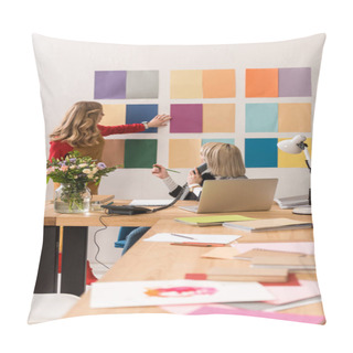 Personality  Fashionable Magazine Editors Working With Color Palette In Modern Office  Pillow Covers