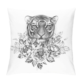 Personality  Hand Drawn Monochrome Tiger Head With Peonies Isolated On White Background. Pencil Drawing Elegant Illustration With Wildcat Portrait And Flowers In Vintage Style, T-shirt, Tattoo Design. Pillow Covers