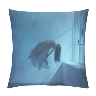 Personality  A Ghost Girl With Long Hair In A Vintage Dress. Room Under Water. A Photograph Of Levitation Resembling A Dream. A Dark Gothic Interior With Branches And A Huge Window Of Flooded Light. Art Photo Pillow Covers