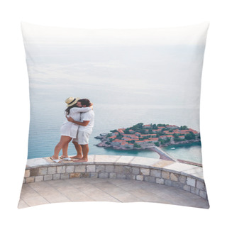 Personality  Couple Hugging On Viewpoint Near Island Of Sveti Stefan With Hotel Resort In Adriatic Sea, Budva, Montenegro Pillow Covers