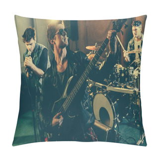 Personality  Selective Focus Of Good-looking Guitarist In Sunglasses Playing Electric Guitar Near Rock Band  Pillow Covers