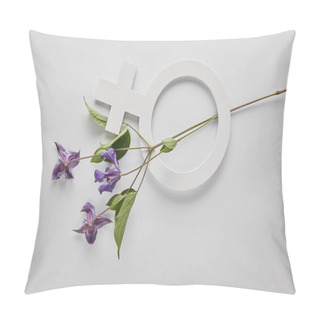 Personality  Top View Of Violet Flowers And Venus Sign On White Background Pillow Covers