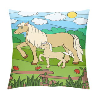 Personality  Cartoon Farm Animals. Mother Horse With Foal. Pillow Covers