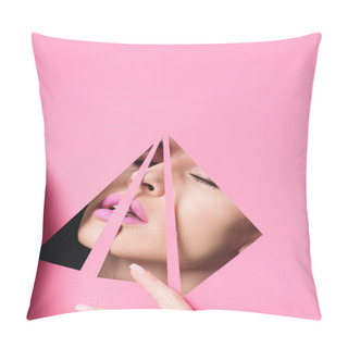 Personality  Woman With Pink Lips And Closed Eyes Across Triangular Holes Touching Paper On Black  Pillow Covers