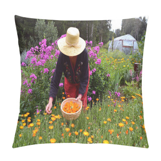 Personality  Senior Woman Gardener  Wirh Straw Hat Picking  Marigold Calendula Flowers   Pillow Covers