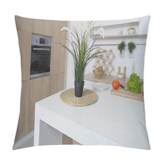 Personality  Shooting Stylish Kitchen And Table On Which There Vegetables On  Pillow Covers