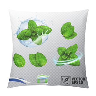 Personality  3D Realistic Vector Set, Transparent Splash Of Water With A Mint Sprout, Various Options For Mint Leaves, A Fresh Whirlwind, A Toothbrush With A Paste Pillow Covers
