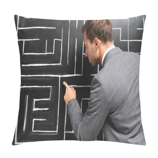 Personality  Back View Of Businessman In Suit Pointing With Finger At Labyrinth Pillow Covers