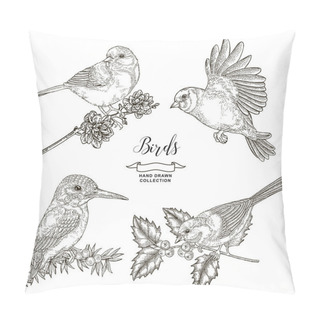 Personality  Birds Collection. Tits And Kingfisher Sitting On A Branch. Vector Illustration. Vintage Engraving Style. Pillow Covers