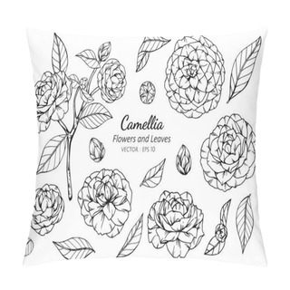 Personality  Collection Set Of Camellia Flower And Leaves Drawing. Pillow Covers