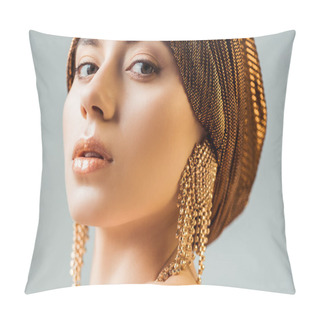 Personality  Young Beautiful Woman With Shiny Make Up, Turban And Golden Earrings Looking At Camera Isolated On Grey Pillow Covers
