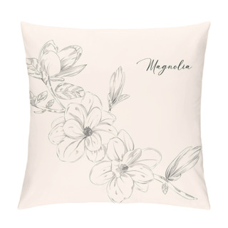 Personality  Vector Graphic Linear Illustration Of A Sprig Of Magnolia Flowers In Black And White, Pillow Covers
