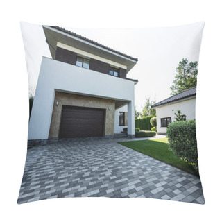 Personality  Facade Of New Modern House With Empty Parking And Lawn Pillow Covers