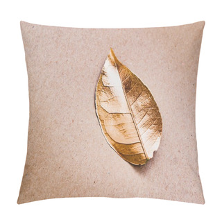 Personality  Closeup Detailed Shot Of Golden Painted Leaf. Top View Pillow Covers